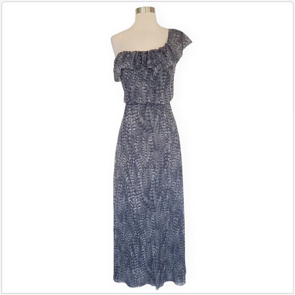 Sweet Pea Long Gray Feather Animal Print One Shoulder Ruffle Trim Maxi Dress S - Picture 1 of 4